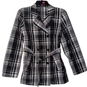 Rafaella Womens Plaid‎ Double Breasted Belted Trench Coat Size S Black White